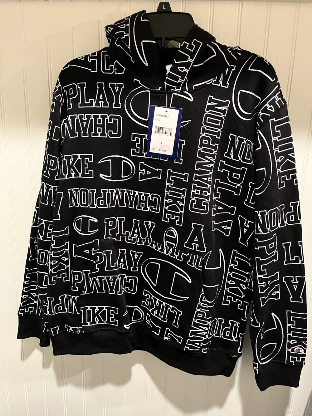 Champion Black Graphic Logo Hoodie Size large 14/16 New!
